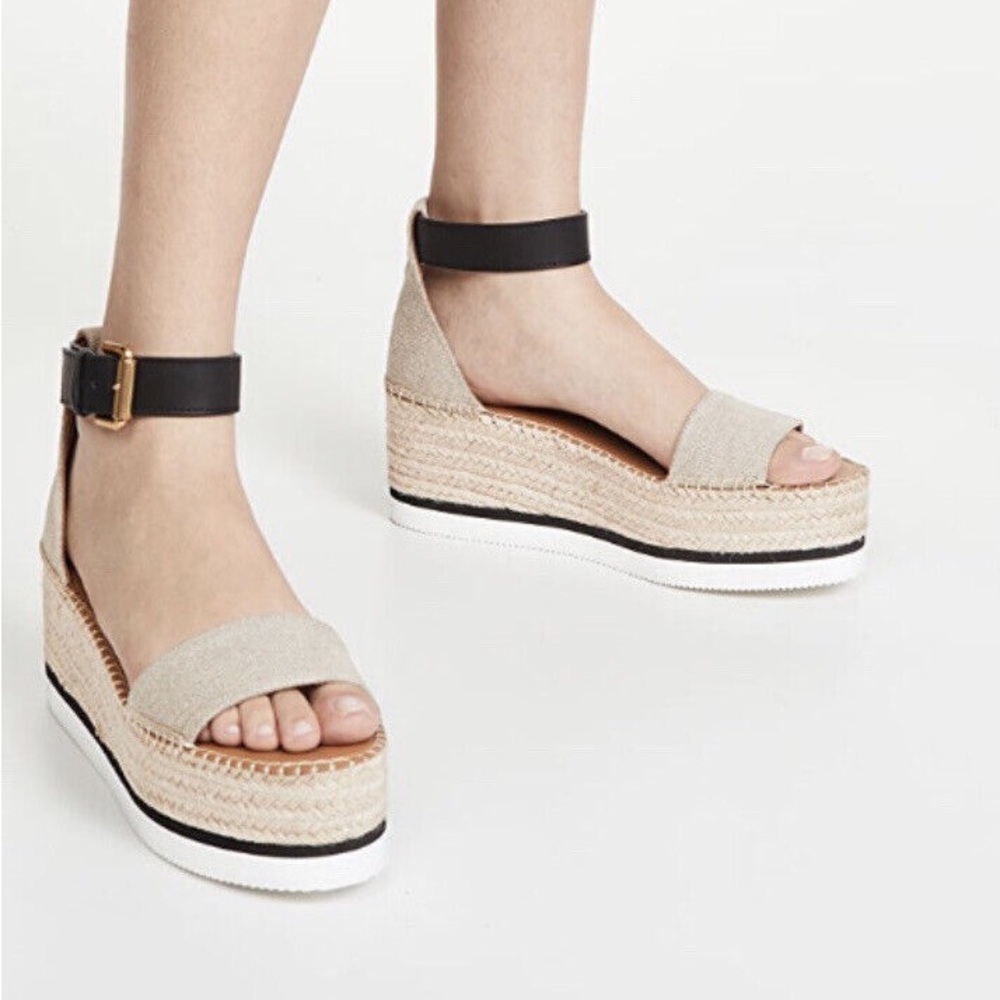 See by Chloé Glyn Platform Espadrille Sandals Linen & Black